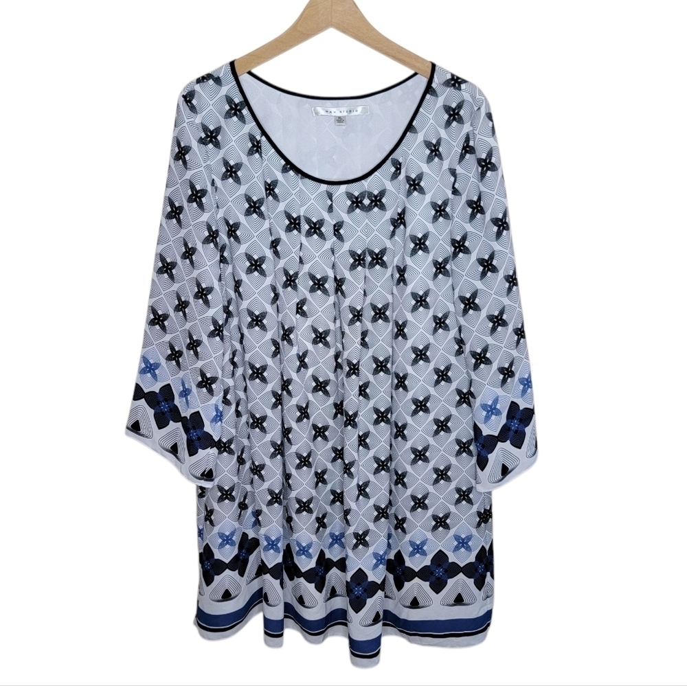 Max Studio Black White Blue Geometric Print Shift Dress Size XL